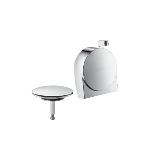 Hansgrohe Exafill S Fertigset mit rundem, flachem Wanneneinlauf und Ablauf- sowie Überlaufgarnitur in Chromoberfläche, montiert an einer Wand.